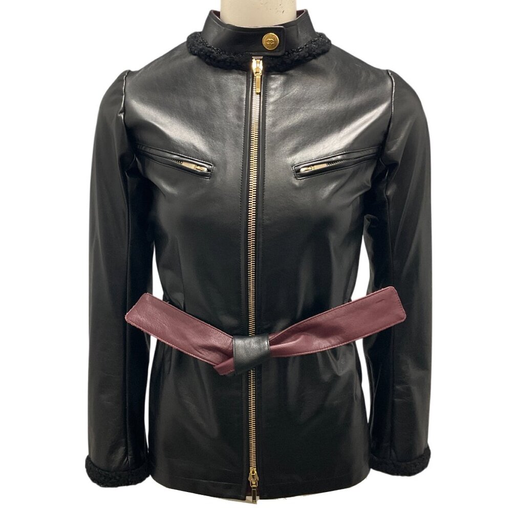Chanel Black / Burgundy Belted Zip-front Leather Jacket